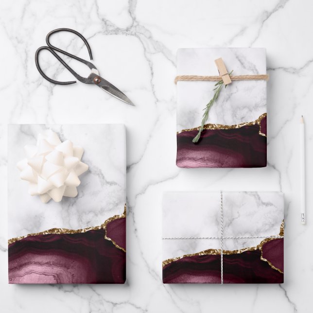 White Marble Gilded Burgundy Red Agate Wrapping Paper Sheet (Front)