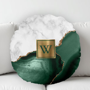 White Marble Gilded Emerald Green Agate Monogram Round Cushion