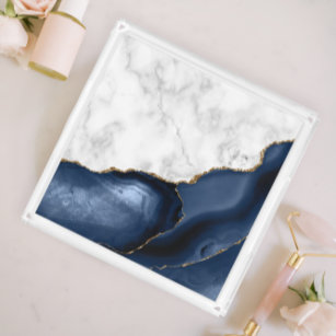 White Marble Gilded Navy Blue Agate Acrylic Tray