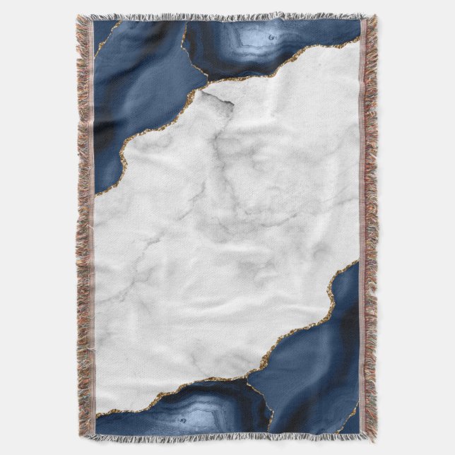 White Marble Gilded Navy Blue Agate Throw Blanket (Front Vertical)
