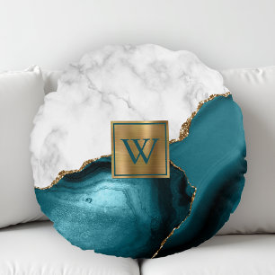 White Marble Gilded Teal Agate Monogram Round Cushion