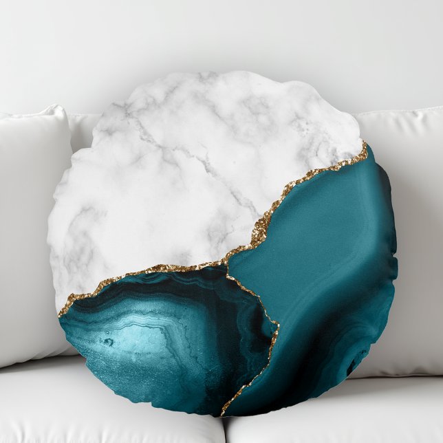 White Marble Gilded Teal Agate Round Cushion (Creator Uploaded)
