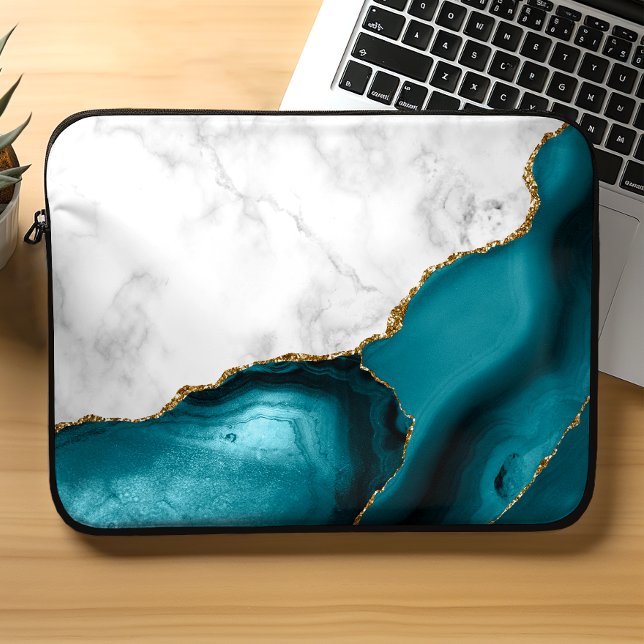 White Marble Gilded Teal Blue Agate Laptop Sleeve (Creator Uploaded)
