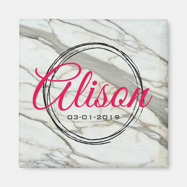 White marble girl birth date magnet (Front)