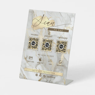 White Marble Gold Agate 3 Qr Code Scan To Pay Pedestal Sign