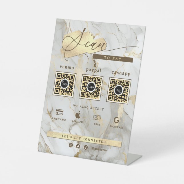 White Marble Gold Agate 3 Qr Code Scan To Pay Pedestal Sign (Front)