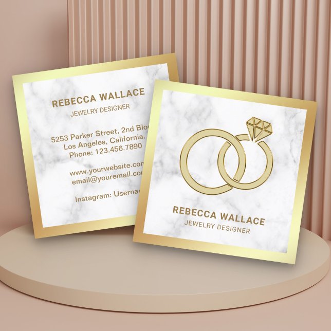 White Marble Gold Diamond Engagement Ring Jeweller Square Business Card (Creator Uploaded)