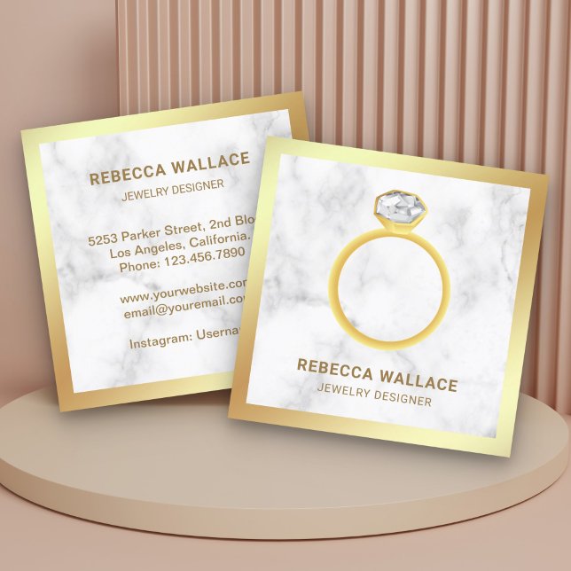 White Marble Gold Diamond Solitaire Ring Jeweller Square Business Card (Creator Uploaded)