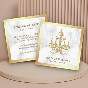 White Marble Gold Foil Chandelier Event Planner Square Business Card