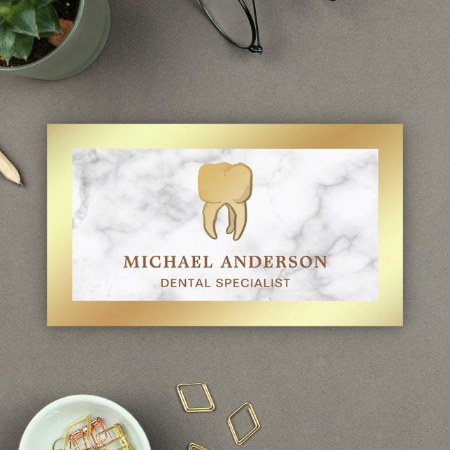 White Marble Gold Foil Dental Clinic Tooth Dentist Business Card (Creator Uploaded)