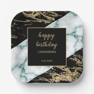 White Marble Gold Foil Paint Texture Birthday Paper Plate