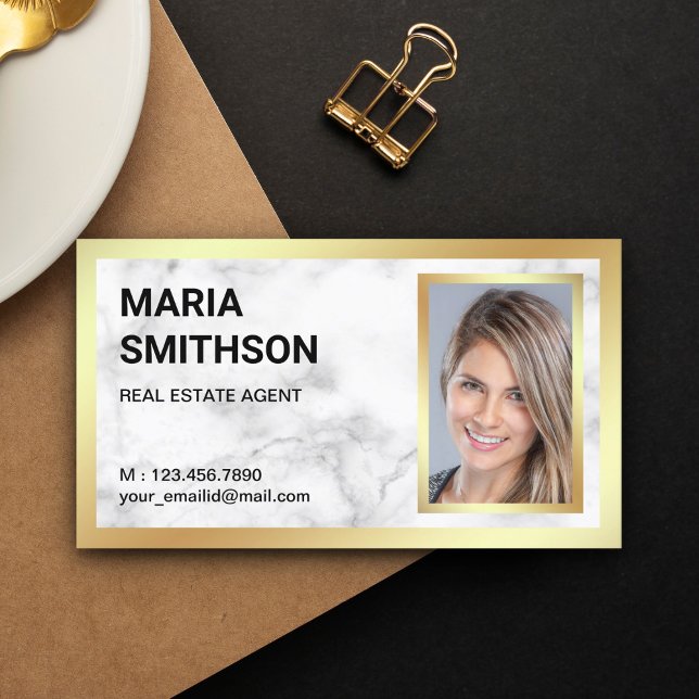White Marble Gold Foil Real Estate Realtor Photo Business Card (Creator Uploaded)