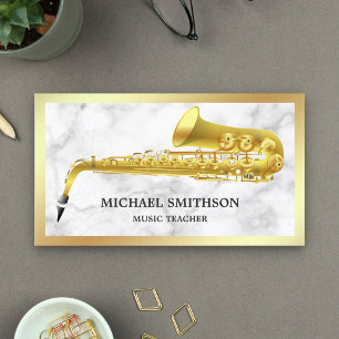 White Marble Gold Foil Saxophone Music Teacher Business Card