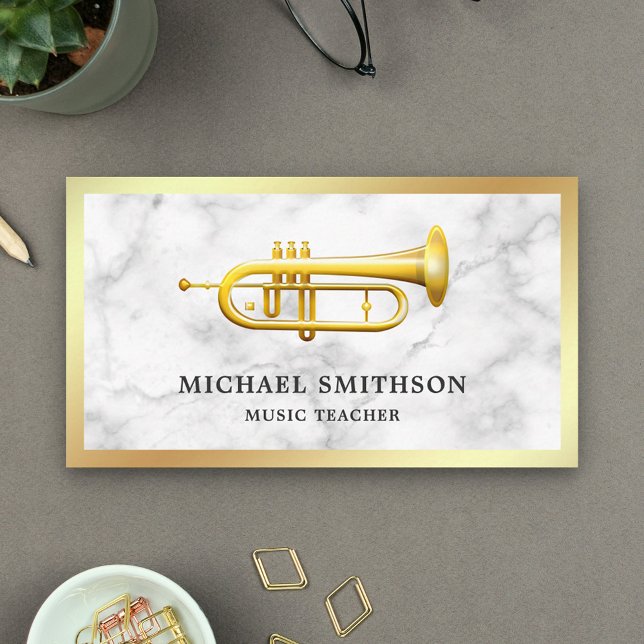 White Marble Gold Foil Trumpet Music Teacher Business Card (Creator Uploaded)