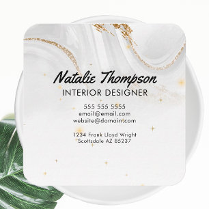 White Marble Gold Glitter Elegant Front and Back Square Business Card