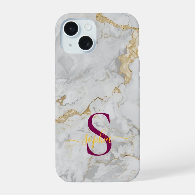 white marble gold glitter monogram iPhone 15 case (Back)