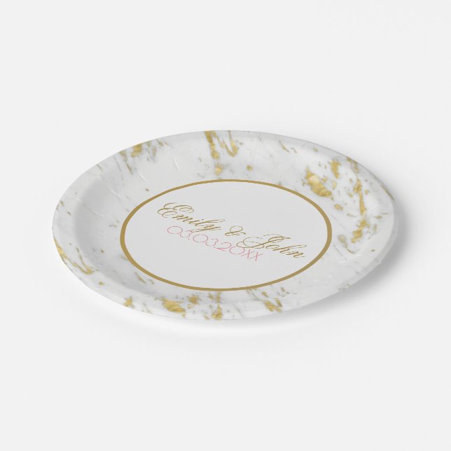 White Marble Gold Glitter- Save The Date Paper Plate (Angled)
