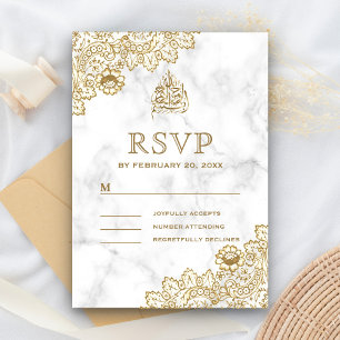 White Marble Gold Lace Islamic Muslim Wedding RSVP Card