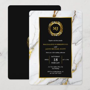 White Marble Gold Laurel Crest & Black Frame Invitation