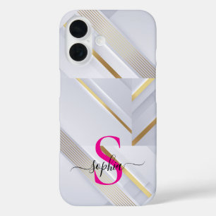 white marble gold lines monogram iPhone 16 case