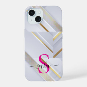white marble gold lines monogram iPhone 15 case