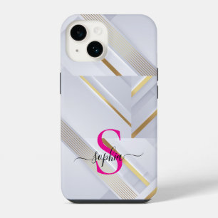 white marble gold lines monogram iPhone 14 case