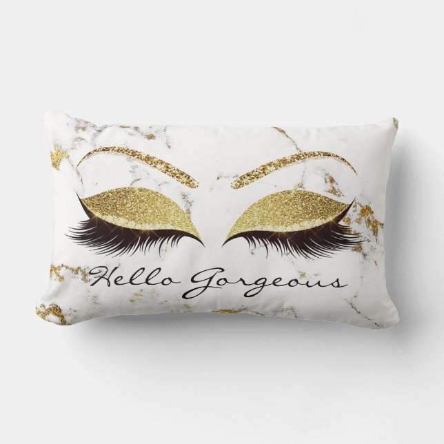 White Marble Gold Makeup Lashes Hello Gorgeous Lumbar Cushion (Front)