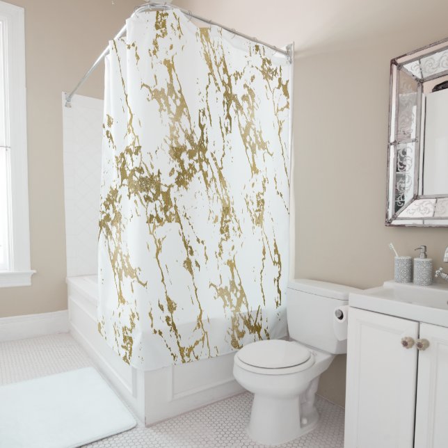 White Marble Gold Metallic Foil Print Shower Curtain (In Situ)
