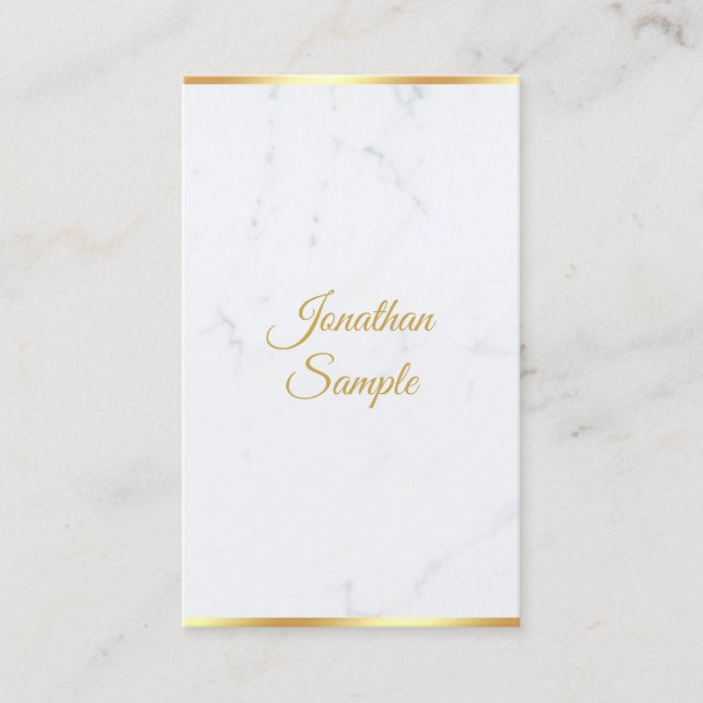 White Marble Gold Modern Hand Script Chic Template Business Card (Front)