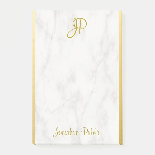 White Marble Gold Monogram Personalised Template Post-it Notes (Front)