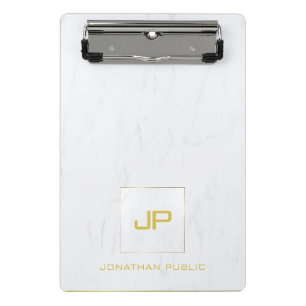 White Marble Gold Monogram Professional Modern Mini Clipboard