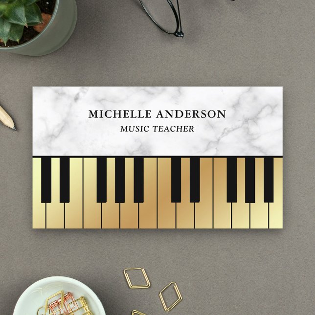 White Marble Gold Piano Keyboard Teacher Pianist Business Card (Creator Uploaded)