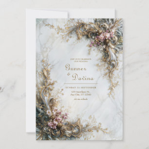 White Marble Gold Pink Floral Rococo Wedding Invitation