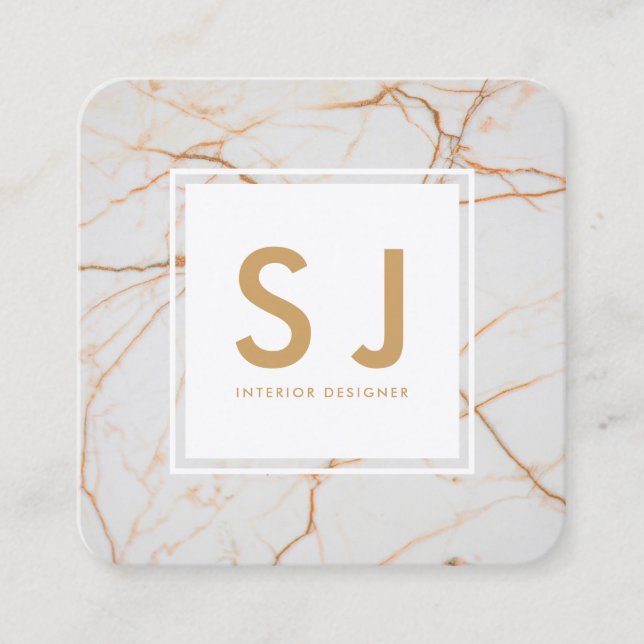 White Marble Gold Simple Modern Interior Designer Square Business Card (Front)