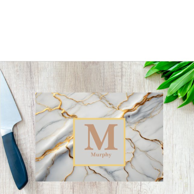 White Marble & Gold Vein Monogram  Cutting Board (Creator Uploaded)