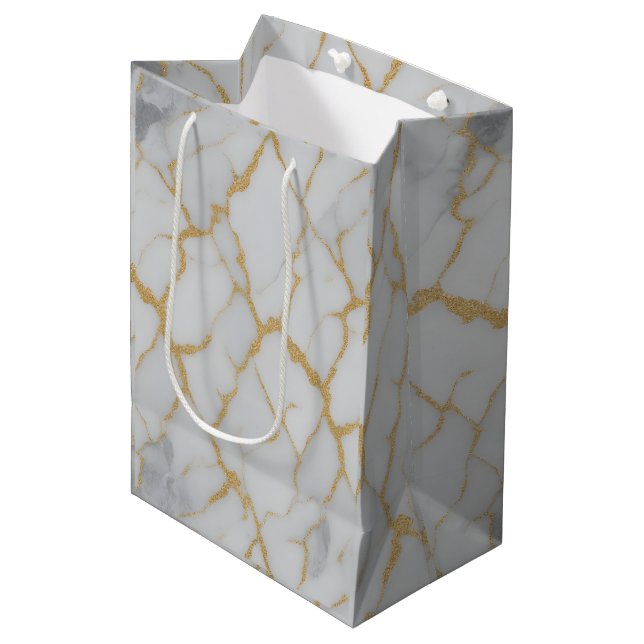 White Marble & Gold Veins | Luxury Gift Bag (Front Angled)
