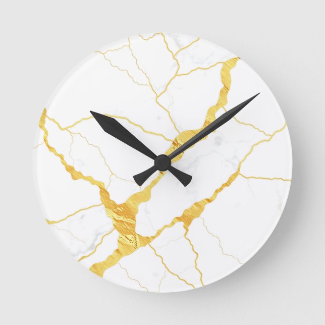 White Marble Gold Veins Pattern Round Clock (Front)