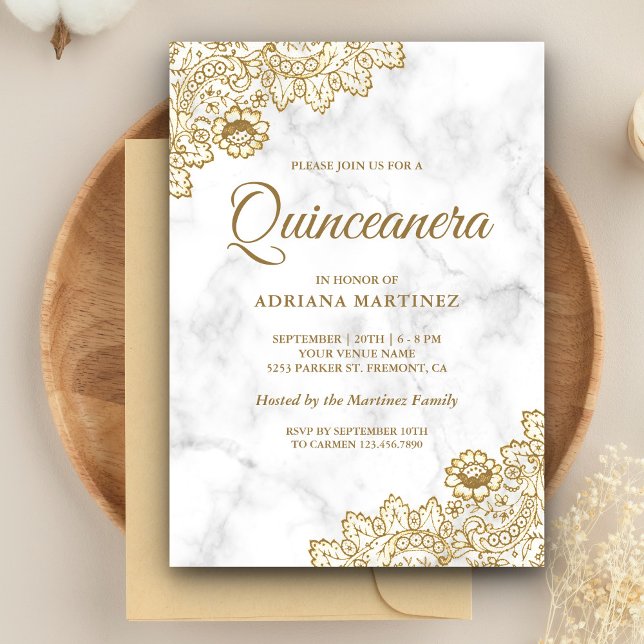 White Marble Gold Vintage Country Lace Quinceanera Invitation (Creator Uploaded)