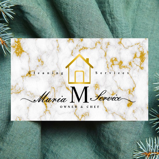 white marble golden house design cleaning service  business card (Creator Uploaded)