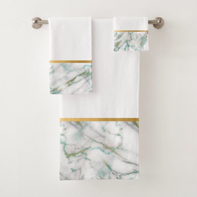 WHITE MARBLE GREEN GOLD BATHROOM TOWEL SET (Insitu)