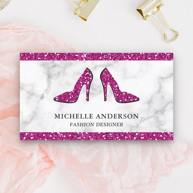 White Marble Hot Pink Glitter High Heels Business Card (Creator Uploaded)