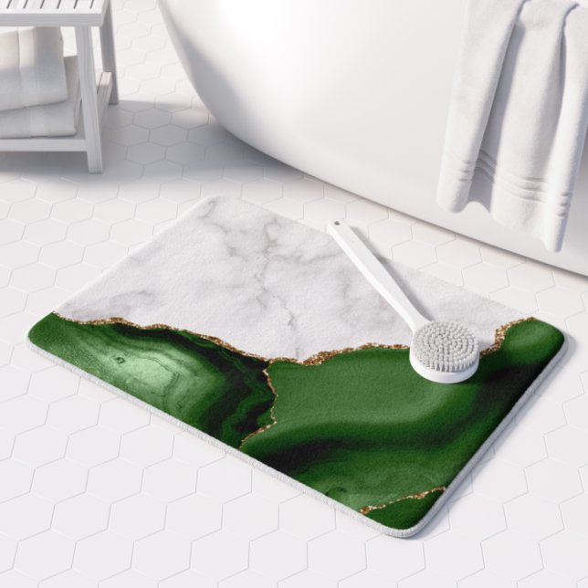 White Marble Hunter Green Agate Gold Glitter Bath Mat (Creator Uploaded)