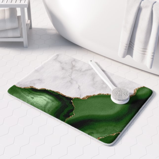 White Marble Hunter Green Agate Gold Glitter Bath Mat (Creator Uploaded)