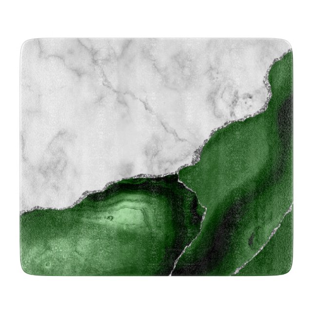 White Marble Hunter Green Agate Silver Glitter Cutting Board (Front)