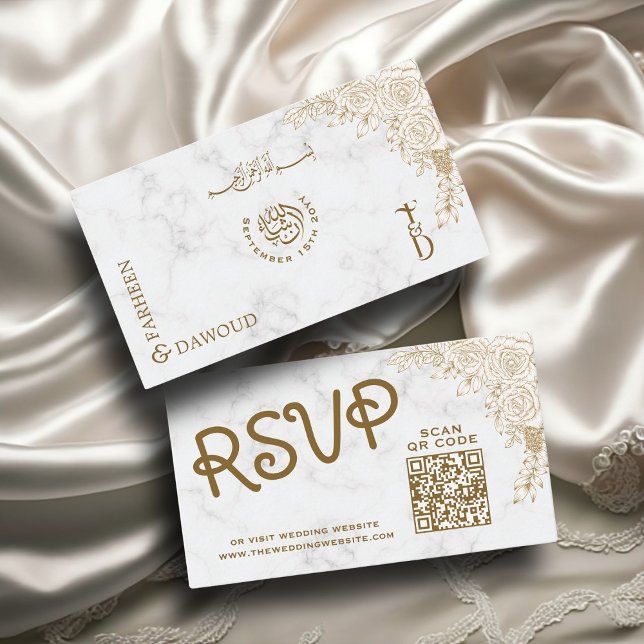 White Marble Lace QR RSVP Muslim Wedding Website Enclosure Card (Creator Uploaded)