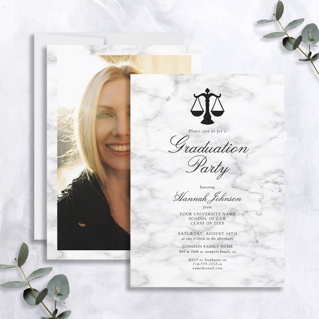 White Marble Law School Photo Graduation Party Invitation (Creator Uploaded)