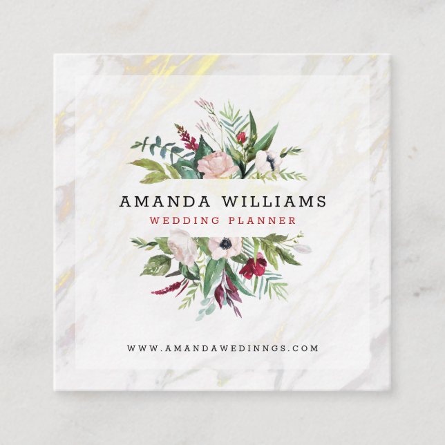 White marble luxury floral and gold accent square business card (Front)