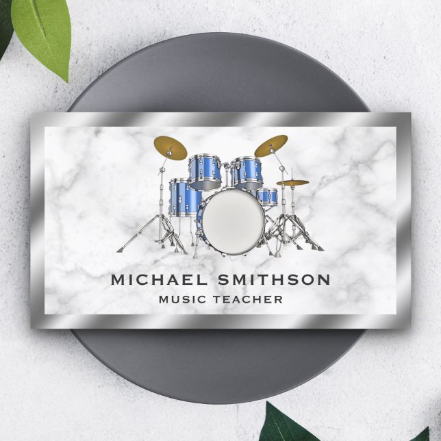 White Marble Metallic Blue Drum Kit Drummer Business Card (Creator Uploaded)