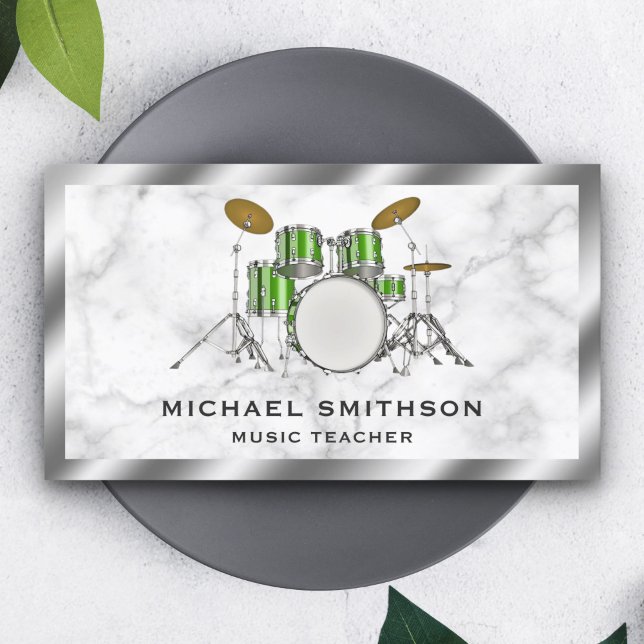 White Marble Metallic Green Drum Kit Drummer Business Card (Creator Uploaded)