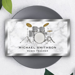 White Marble Metallic Grey Drum Kit Drummer Business Card